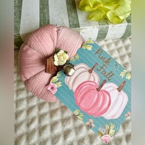 New Halloween Autumn Pink Fall Corduroy Pumpkin w/ Tag, Flower, Bell - 3.25"